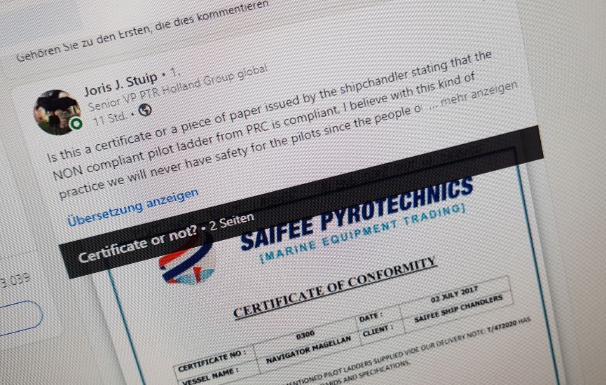 Obviously fake and manipulated certificates of Pilot Ladders