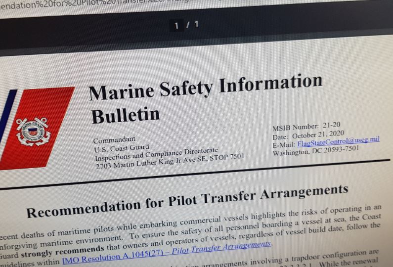 US Coast Guard recalls compliance with pilot transfer agreements
