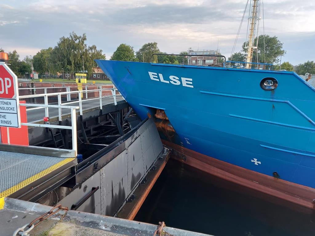 Ship enters closed gate of the Holtenau lock in Kiel Canal