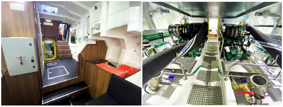 Above left, spacious forward cabin, right engine room and below her central helm position with all round visibility.