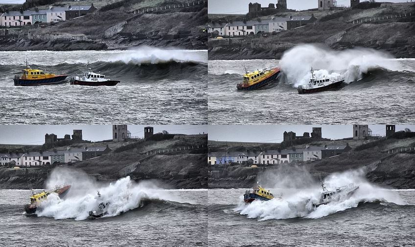 Above. A Pilot 38 & 48 coxwains having confidence in their boats seakeeping as they encounter large breaking seas during sea trials at the entrance to Cork Harbour, on the South coast of Ireland where Safehaven Marine are based.