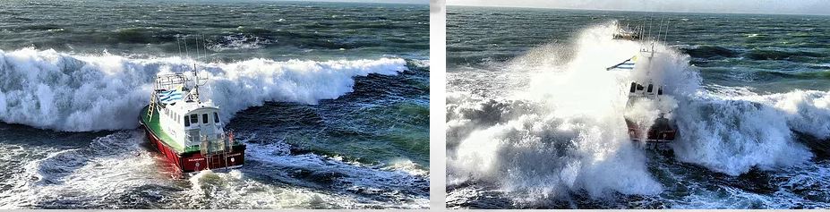 Above, a big breaking sea coming over the bow makes one appreciate the need for very strong windows.

Below, a large lump of solid water running along the deck, a cubic meter of water weighing 1 ton travelling at 25kts…..