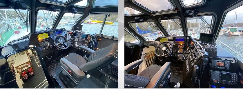 Above, the central helm position on our pilot boats gives the coxswain coxswain control of the vessel whether boarding from the port or St/bd side.