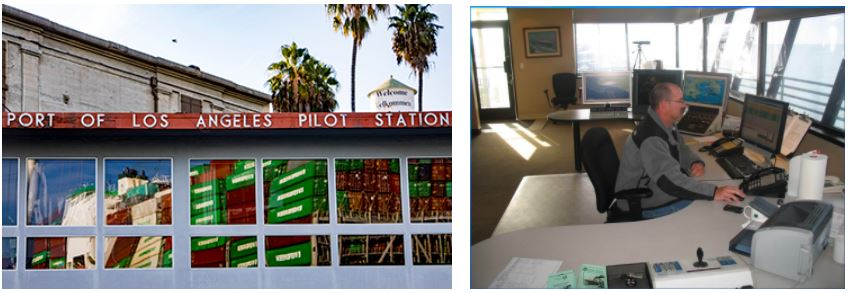 Port of Los Angeles Pilot Station (left) and a Jacobsen Pilot Service pilot dispatcher coordinating moves at the Port of Long Beach (right).