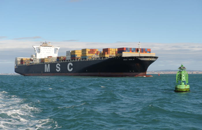 A container ship (MSC SOLA) approaching Buoy 1 in the Coega Channel, one nautical mile from the Port of Ngqura’s breakwater